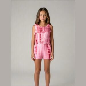I Love Heart Pinc Girls Romper Size 5 Pink White Tie Dye Knit Stretchy NEW